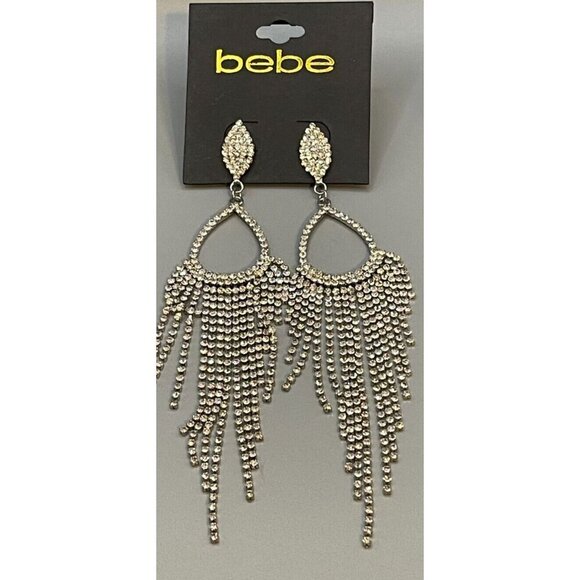 Bebe Crystal Reverse Teardrop Graduated Fringe Chandelier Post Closure Earrings - Picture 3 of 3